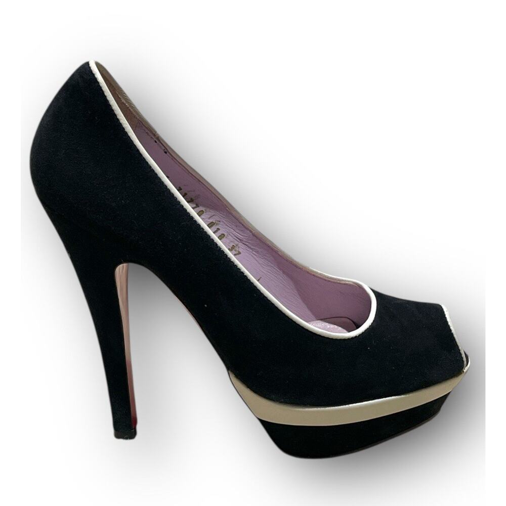 Ursula Mascaro Black White Suede Peep Toe Pumps Size 37 US‎ 6.5